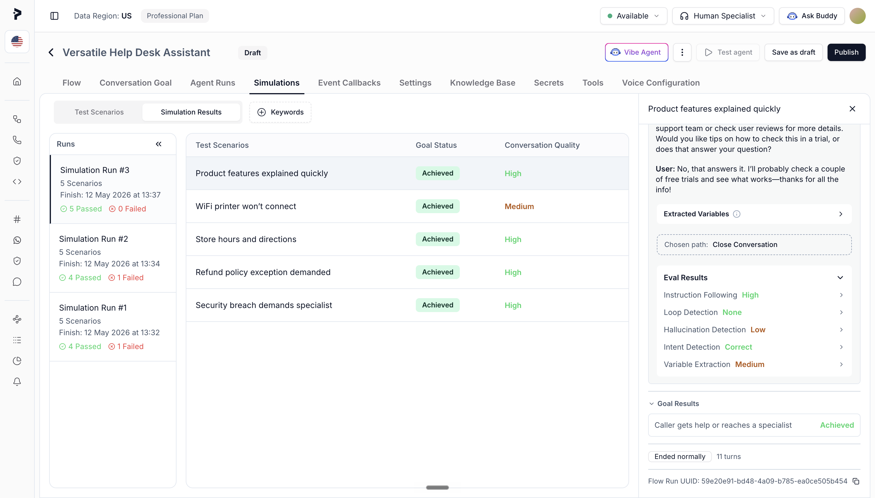 Conversation transcript showing extracted variables, goal results, and detailed eval breakdown